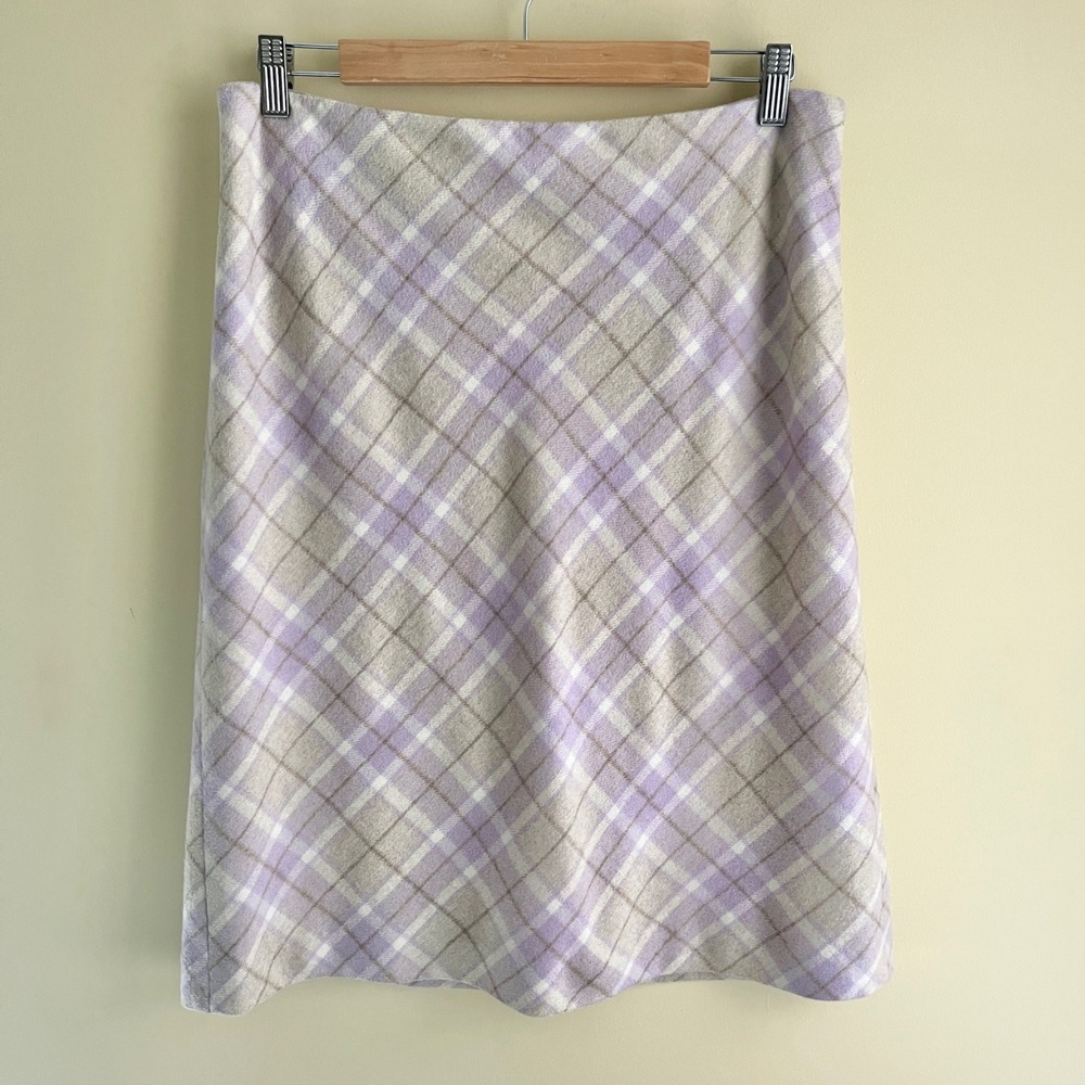 Vintage Ann Taylor Skirt Women's 12 Wool Blend Plaid Lilac Purple Classic 90s